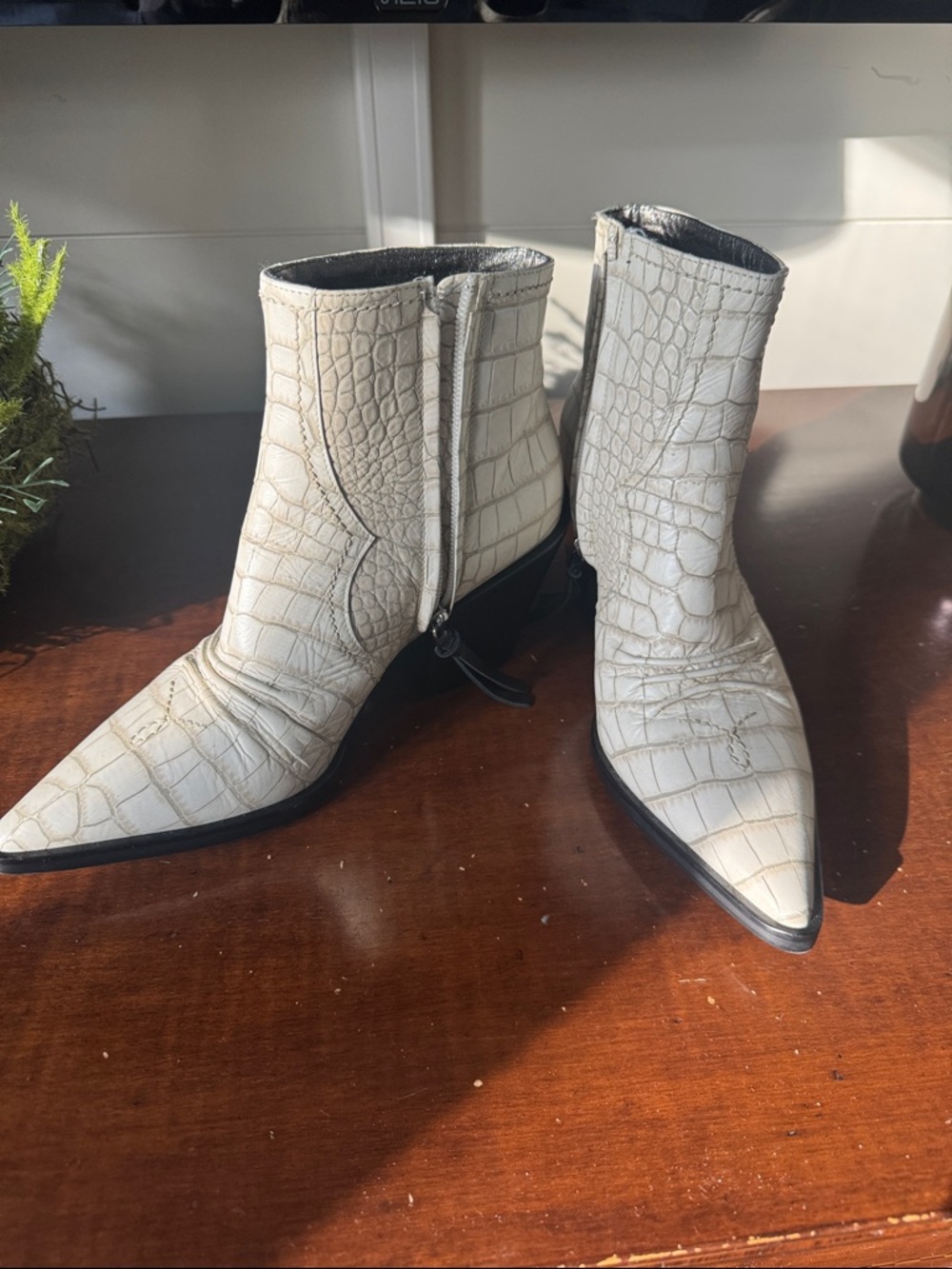 Dorothee Schumacher Croc-Embossed Pointed Toe Ankle Boots — White size 37/7